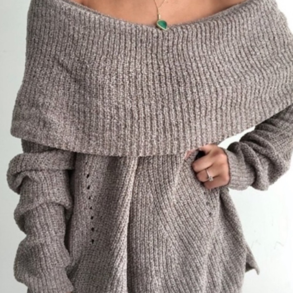 Anthropologie Taupe Off-Shoulder Sweater